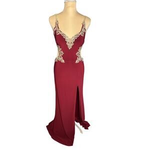 Fiesta Fashion Prom Dress Party Formal Gown Gold Jeweled Chiffon Burgundy Sz XS